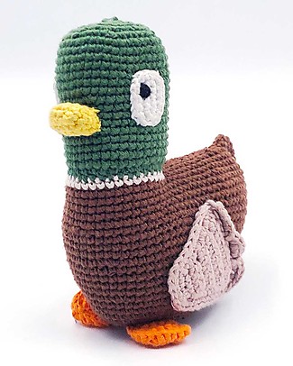 Pebble Duck Rattle - Farm Animals Collection - Handmade in Fair Trade Organic Cotton Crochet Soft Toys