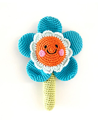 Pebble Friendly Flower with Stem Knitted Rattle - Blue - Handmade! Rattles