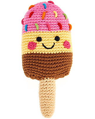 Pebble Ice Lolly Rattle, Strawberry Cream Chocolate 16 cm - Pure organic cotton Rattles
