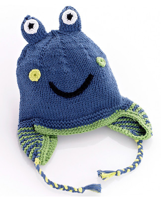 Pebble Knitted Frog Hat with Earflaps - Blue - Fair Trade Hats