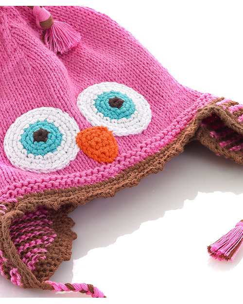 Pebble Knitted Owl Hat with Ear Flap - Pink - Fair Trade Winter Hats