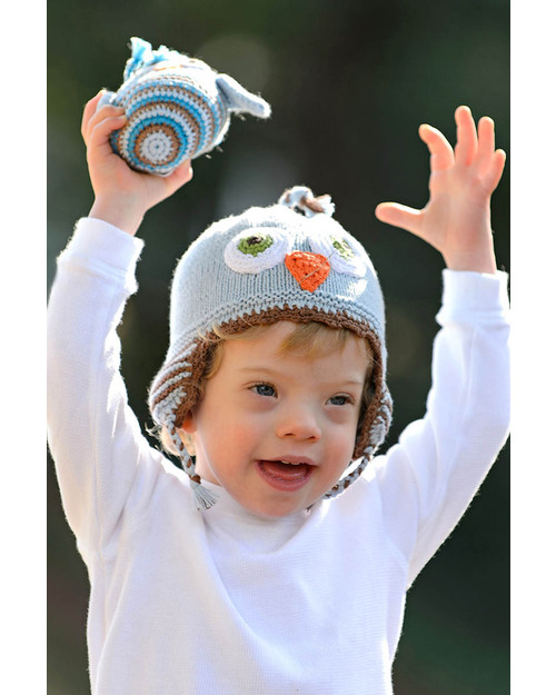 Pebble Knitted Owl Hat with Earflaps - Blue - Fair Trade Winter Hats