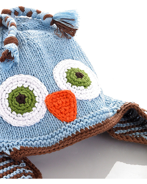 Pebble Knitted Owl Hat with Earflaps - Blue - Fair Trade Winter Hats