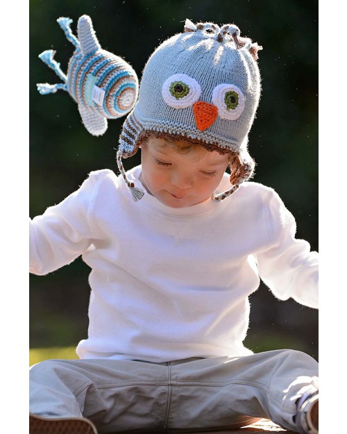 Pebble Knitted Owl Hat with Earflaps - Blue - Fair Trade Winter Hats