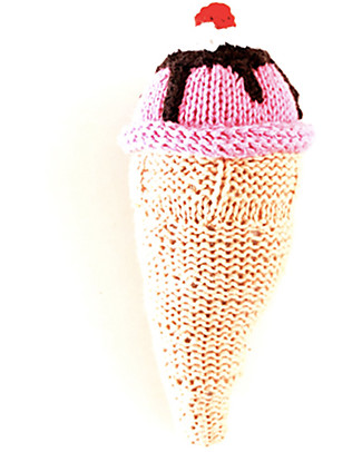 Pebble Knitting Ice Cream Rattle - Strawberry - Fair Trade Organic Cotton (13 cm) Rattles