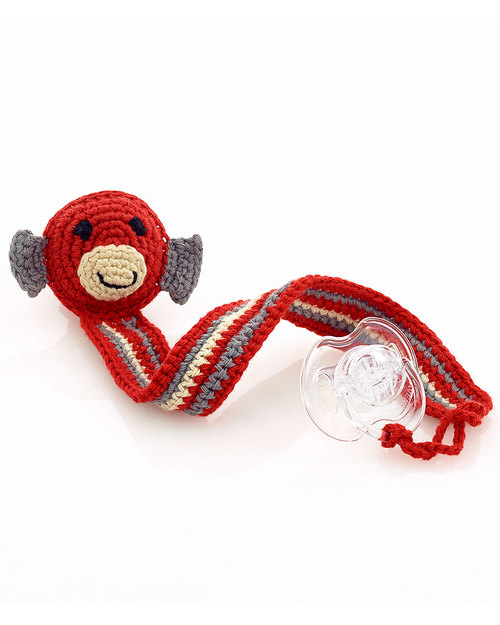 Pebble Monkey Red Crocheted Pacifier Clip - Fair Trade Dummies & Soothers