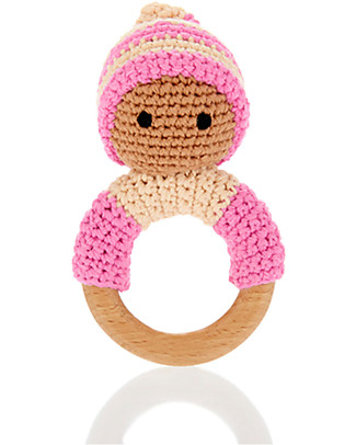 Pebble Pixie Wooden Ring, Pink - Organic Cotton - Handmade Rattles