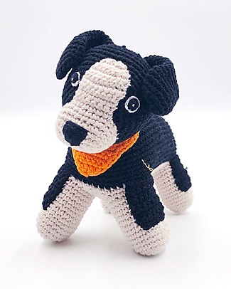 Pebble Sheep Dog Rattle - Farm Animals Collection - Handmade in Fair Trade Organic Cotton Crochet Soft Toys