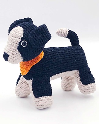 Pebble Sheep Dog Rattle - Farm Animals Collection - Handmade in Fair Trade Organic Cotton Crochet Soft Toys