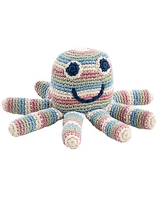 Pebble Stripey Octopus Rattle Toy - 100% Organic Coton - Approx 15 cm - Fair Trade Crochet Soft Toys