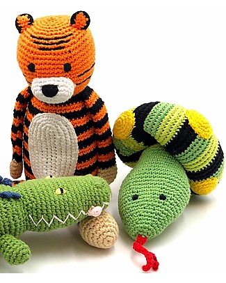 Pebble Tiger Rattle - Jungle Animals Collection - Handmade in Fair Trade Organic Cotton Crochet Soft Toys