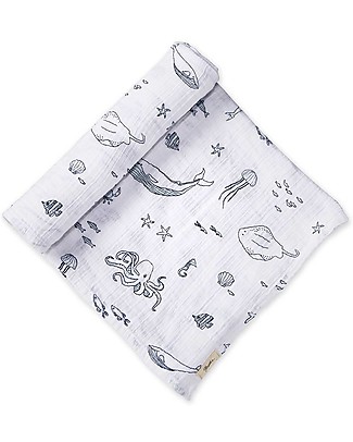Pehr Muslin Swaddle 100% GOTS Organic Cotton - Life Aquatic - 120x120cm Muslin Swaddle