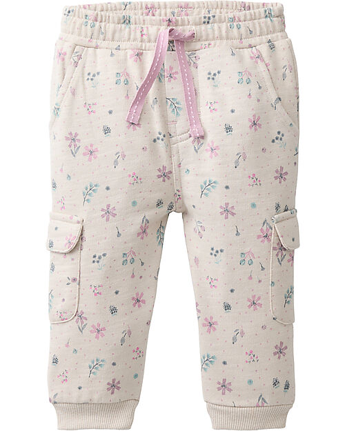 People Wear Organic Cargo Sweatpants - Beige with Flowers - 100% Organic Cotton - GOTS Certified Trousers