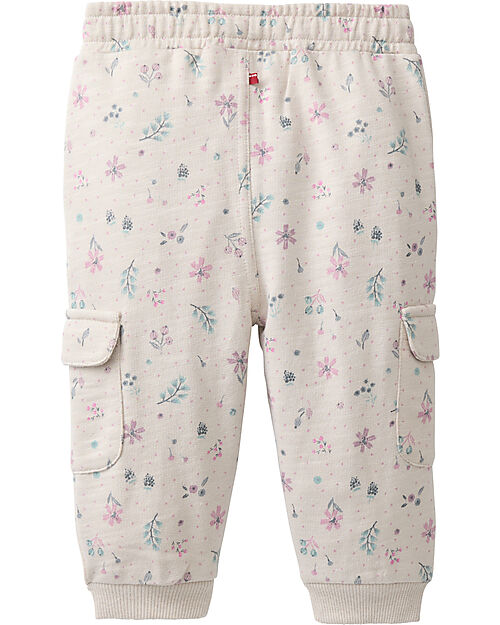People Wear Organic Cargo Sweatpants - Beige with Flowers - 100% Organic Cotton - GOTS Certified Trousers