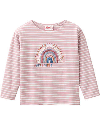 People Wear Organic Happy Vibes Long Sleeve Shirt - Pink and White Stripes - GOTS Cotton Long Sleeves Tops