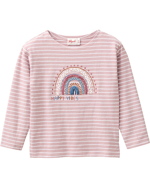 People Wear Organic Happy Vibes Long Sleeve Shirt - Pink and White Stripes - GOTS Cotton Shirts And Blouses