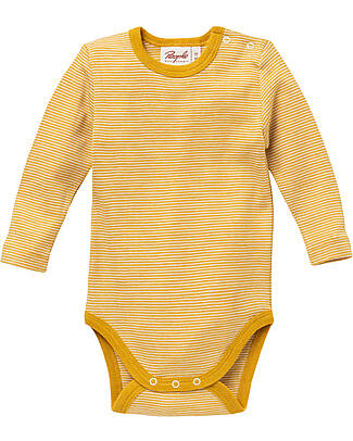 People Wear Organic Long Sleeve Bodysuit - Striped Yellow - Organic Wool and Silk GOTS Long Sleeves Bodies