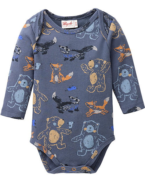 People Wear Organic Long Sleeve Bodysuit with Buttons - Blue Animal Pattern - Cotton GOTS Long Sleeves Bodies