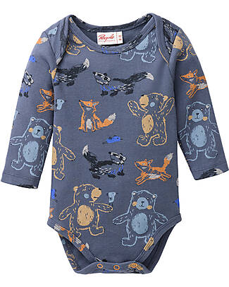 People Wear Organic Long Sleeve Bodysuit with Buttons - Blue Animal Pattern - Cotton GOTS Long Sleeves Bodies