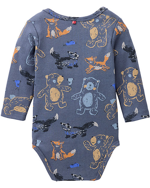 People Wear Organic Long Sleeve Bodysuit with Buttons - Blue Animal Pattern - Cotton GOTS Long Sleeves Bodies