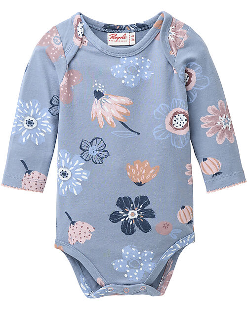 People Wear Organic Long Sleeve Bodysuit with Buttons - Indigo Floral Pattern - Cotton GOTS Long Sleeves Bodies