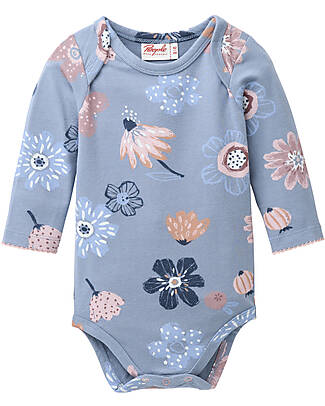 People Wear Organic Long Sleeve Bodysuit with Buttons - Indigo Floral Pattern - Cotton GOTS Long Sleeves Bodies