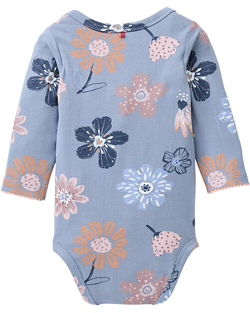 People Wear Organic Long Sleeve Bodysuit with Buttons - Indigo Floral Pattern - Cotton GOTS Long Sleeves Bodies