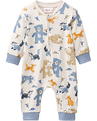 People Wear Organic Long Sleeve Romper with Zip - Cream Animal Pattern - GOTS Cotton Babygrows