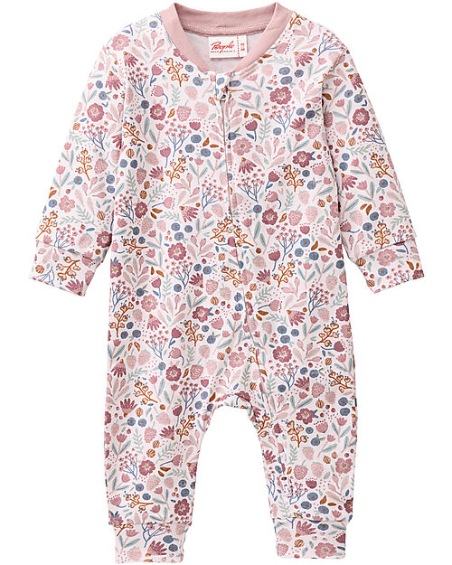 People Wear Organic Long Sleeve Romper with Zip - Pink Flower Pattern - Cotton GOTS Babygrows