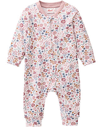 People Wear Organic Long Sleeve Romper with Zip - Pink Flower Pattern - Cotton GOTS Babygrows