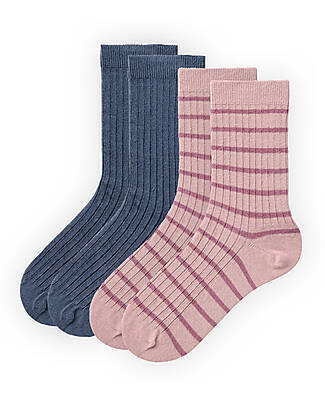 People Wear Organic Pack of 2 Ribbed Socks - Blue and Pink Stripes - GOTS Certification Socks