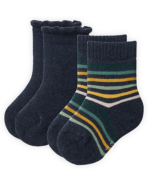 People Wear Organic Set of 2 Sponge Socks - Solid Dark Blue and Dark Blue Stripes - Cotton - GOTS Certification Socks