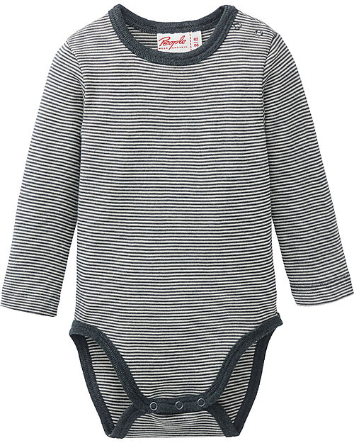 People Wear Organic Striped Long Sleeve Body - Anthracite Grey - Organic Wool and Silk - GOTS Certified Long Sleeves Bodies