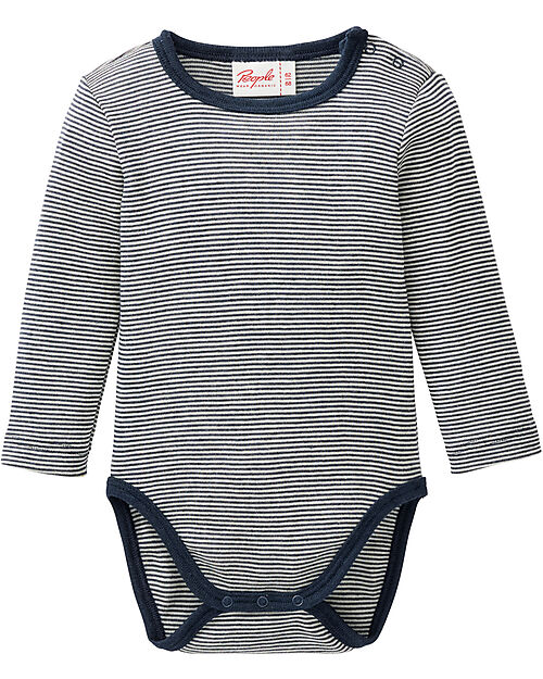 People Wear Organic Striped Long Sleeve Body - Blue - Organic Wool and Silk - GOTS Certified Long Sleeves Bodies