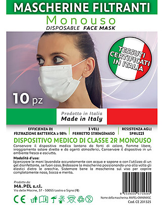 Personal Protective Equipment Pack of 10 Face Medical Masks for Adults - Type 2R - 3 Ply - Made in Italy Face Mask for Personal Protection