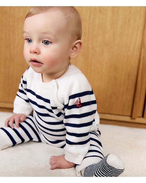 Petit Bateau 2-Piece Set Cardigan and Pants - White and Blue - Stripes - Wool and Cotton Cardigans