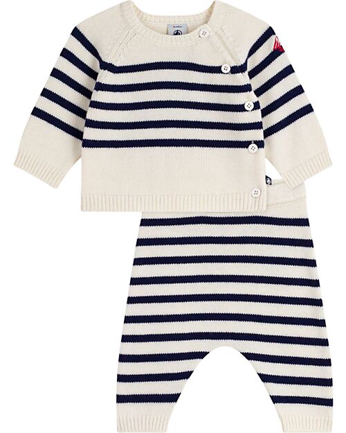 Petit Bateau 2-Piece Set Cardigan and Pants - White and Blue - Stripes - Wool and Cotton Cardigans
