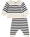 Petit Bateau 2-Piece Set Cardigan and Pants - White and Blue - Stripes - Wool and Cotton Cardigans