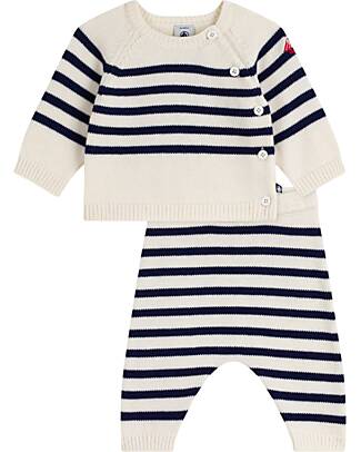 Petit Bateau 2-Piece Set Cardigan and Pants - White and Blue - Stripes - Wool and Cotton Cardigans