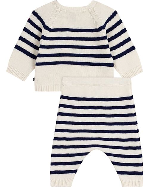 Petit Bateau 2-Piece Set Cardigan and Pants - White and Blue - Stripes - Wool and Cotton Cardigans