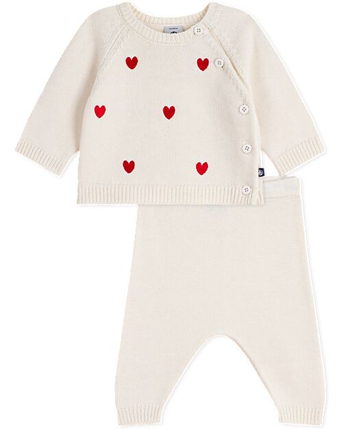 Petit Bateau 2-Piece Set Cardigan and Pants - White - Hearts - Wool and Cotton Cardigans