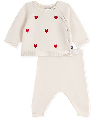 Petit Bateau 2-Piece Set Cardigan and Pants - White - Hearts - Wool and Cotton Cardigans