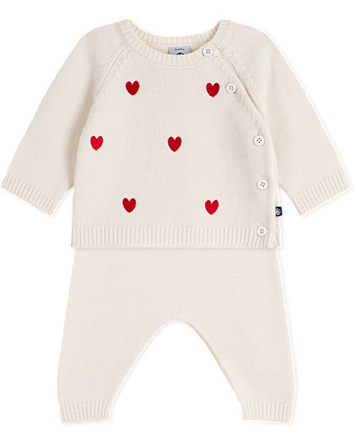 Petit Bateau 2-Piece Set Cardigan and Pants - White - Hearts - Wool and Cotton Cardigans