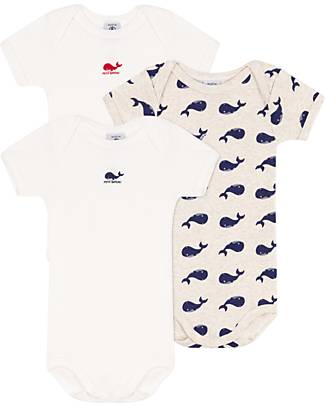 Petit Bateau 3 Pack Short Sleeve Body - White/Cream - Whale - 100% Organic Cotton Short Sleeves Bodies