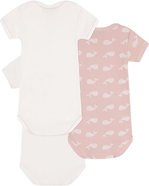 Petit Bateau 3 Pack Short Sleeve Body - White/Pink - Whale Pattern - 100% Organic Cotton Short Sleeves Bodies