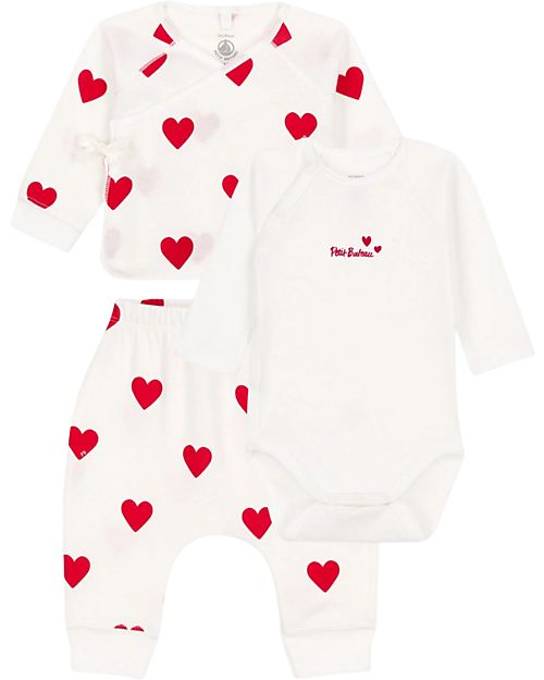 Petit Bateau 3-Piece Set - Body - Cardigan and Trousers - Little Heart Pattern Sets And Co-Ords