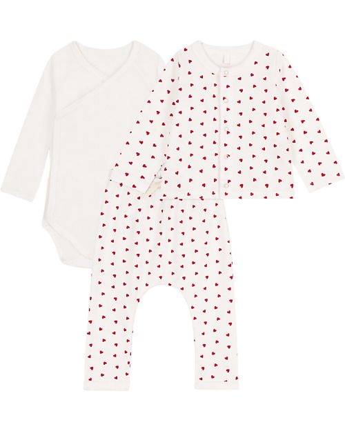 Petit Bateau 3-Piece Set - Body - Cardigan and Trousers - Little Heart Pattern Sets And Co-Ords