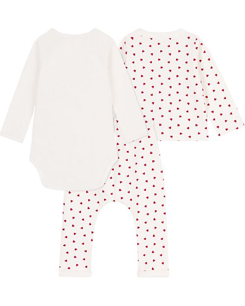 Petit Bateau 3-Piece Set - Body - Cardigan and Trousers - Little Heart Pattern Sets And Co-Ords