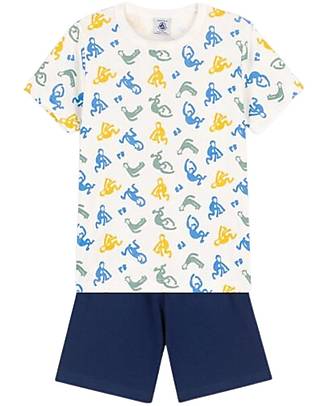 Petit Bateau 4 Pieces Short Sleeved Pajamas - Monkeys - White&Blue - 100% Oeko-Tex Cotton - Glows in the Dark! Pyjamas