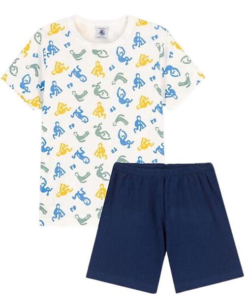 Petit Bateau 4 Pieces Short Sleeved Pajamas - Monkeys - White/Blue - 100% Oeko-Tex Cotton - Glows in the Dark! Pyjamas
